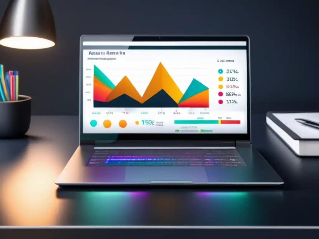 Laptop de diseño minimalista con gráficos de métricas Laptop moderno de alta resolución con gráficos y métricas de marketing de afiliados, aspectos legales y éticos