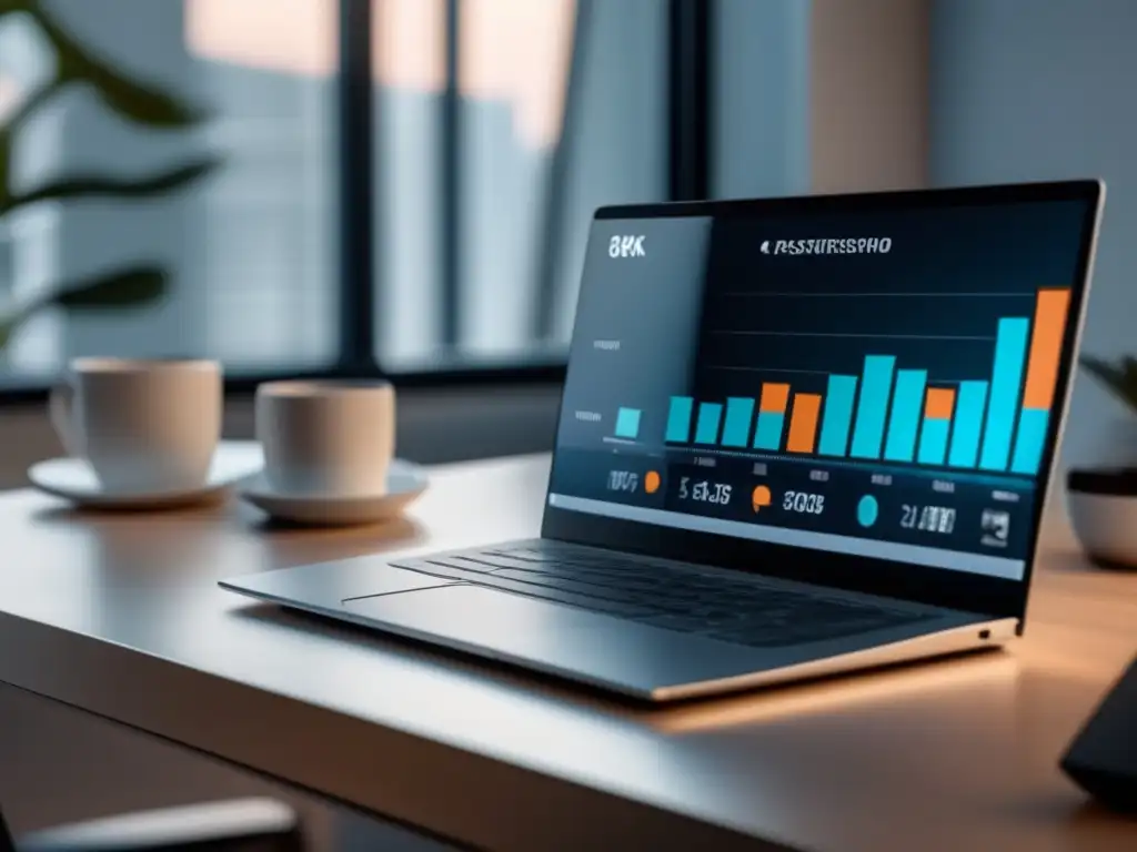 Laptop moderno en un escritorio minimalista Laptop moderno en escritorio minimalista con gráficos de ingresos pasivos: estrategias de marketing de afiliados