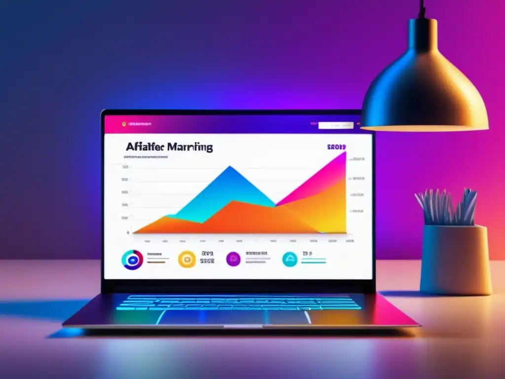 Laptop moderno y elegante con gráfico de ingresos de marketing de afiliados Laptop moderno muestra gráfica de ingresos por marketing de afiliados con estrategias de SEO (110 caracteres)