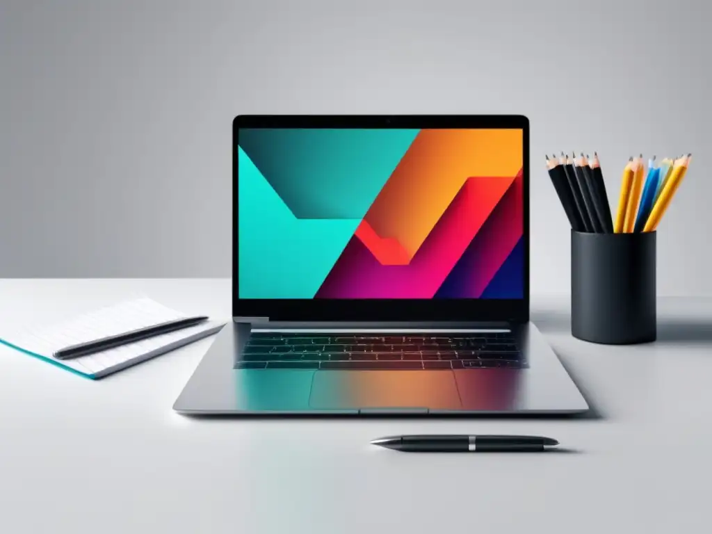 Laptop profesional con pantalla y gráfico Laptop moderno con pantalla vibrante y gráfico de tendencia ascendente, en un escritorio blanco y limpio