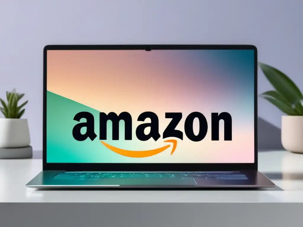 Laptop moderno con logo Amazon y gráfico de crecimiento Laptop minimalista con diseño moderno y teclado retroiluminado, muestra logo de Amazon y gráfico de crecimiento