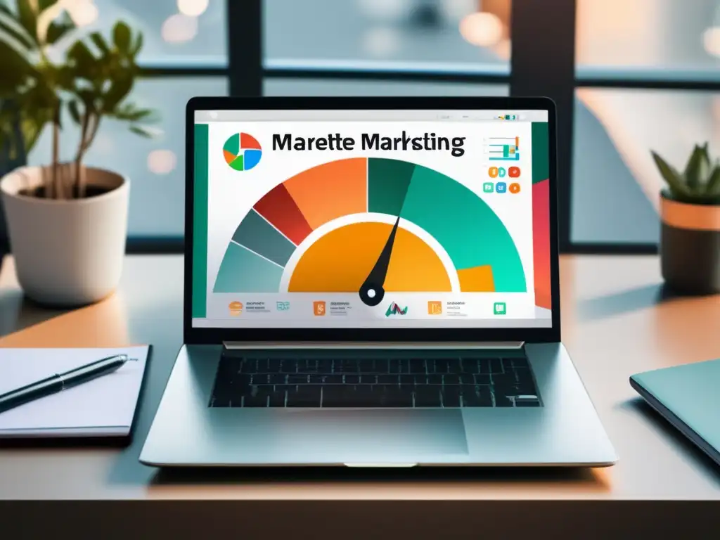 Laptop moderno en un escritorio minimalista con gráficos de marketing Laptop moderno en escritorio minimalista, con gráficos de las últimas tendencias en marketing de afiliados