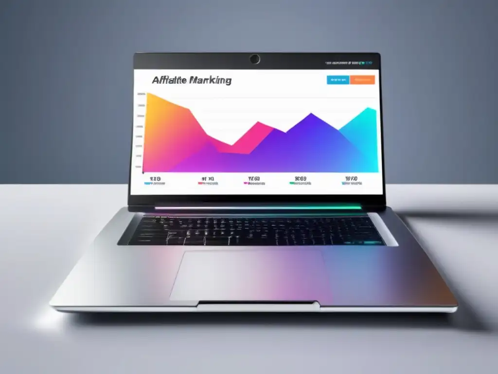 Éxito en marketing de afiliados Laptop moderno en escritorio blanco, muestra gráfico exitoso de afiliados, simbolizando estudios de caso exitosos en marketing de afiliados