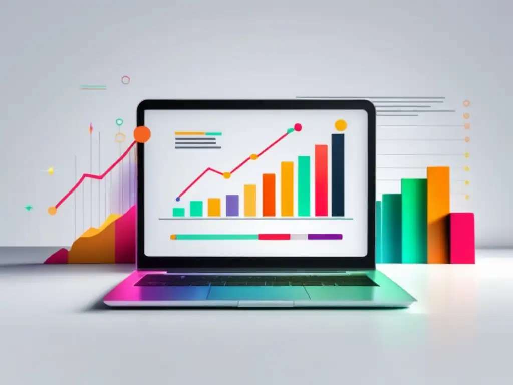 Laptop moderno en escritorio blanco con gráfico de éxito en optimización de conversiones en marketing de afiliados