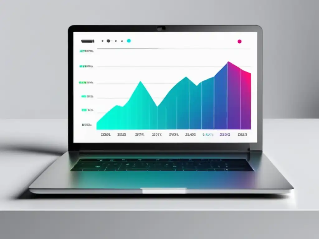 Laptop moderno en un escritorio blanco, simbolizando optimización de conversiones en marketing de afiliados