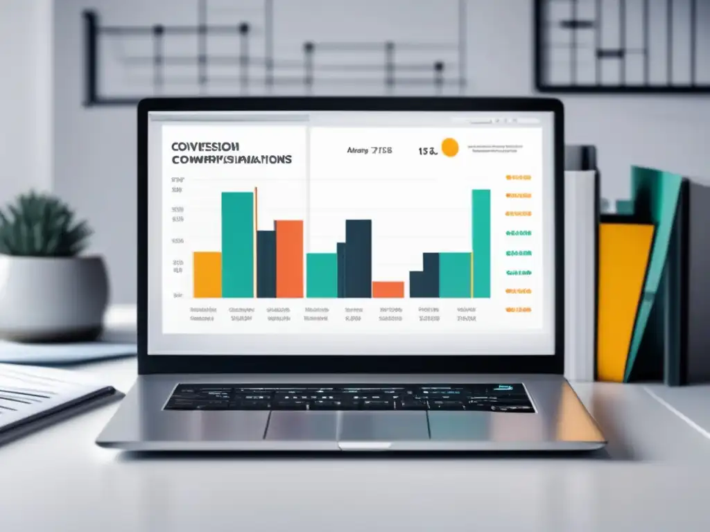 Laptop optimizando conversiones y ROI en marketing de afiliados Laptop moderno en escritorio blanco con gráfico de análisis de datos en marketing de afiliados