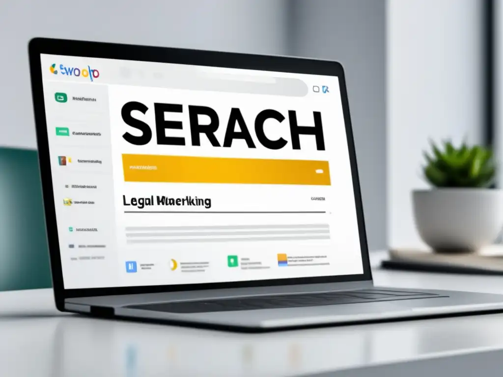 Laptop en escritorio blanco con SERP de marketing de afiliados Laptop y SERP sobre regulaciones legales en marketing de afiliados