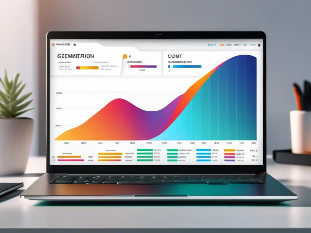 Laptop moderno en escritorio blanco Laptop moderno en escritorio blanco con gráficos y análisis de segmentación de audiencia, marketing de afiliados y tendencias actuales