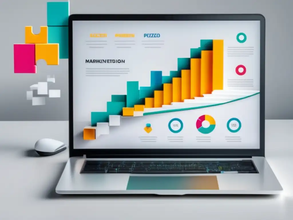 Laptop blanco en escritorio blanco con gráfico de conversiones Herramientas de optimización en marketing de afiliados: laptop blanco, gráfico vibrante, piezas de rompecabezas