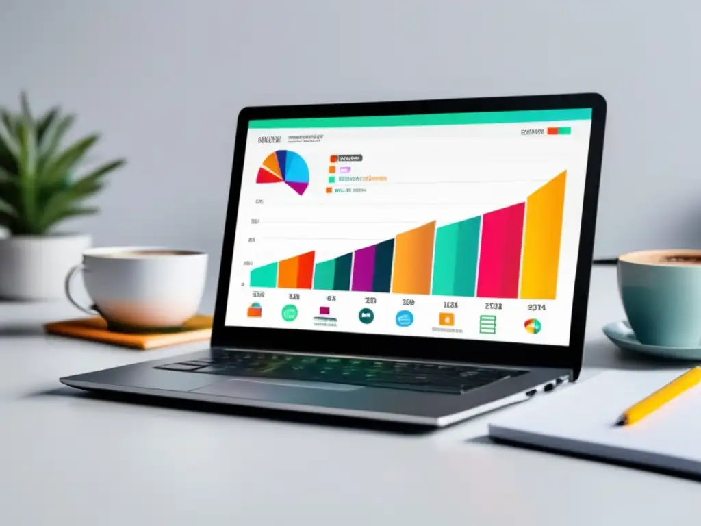Laptop con pantalla vibrante y gráfico de ganancias de marketing de afiliados Laptop con pantalla vibrante y gráfica de crecimiento de ingresos en marketing de afiliados, junto a herramientas de optimización