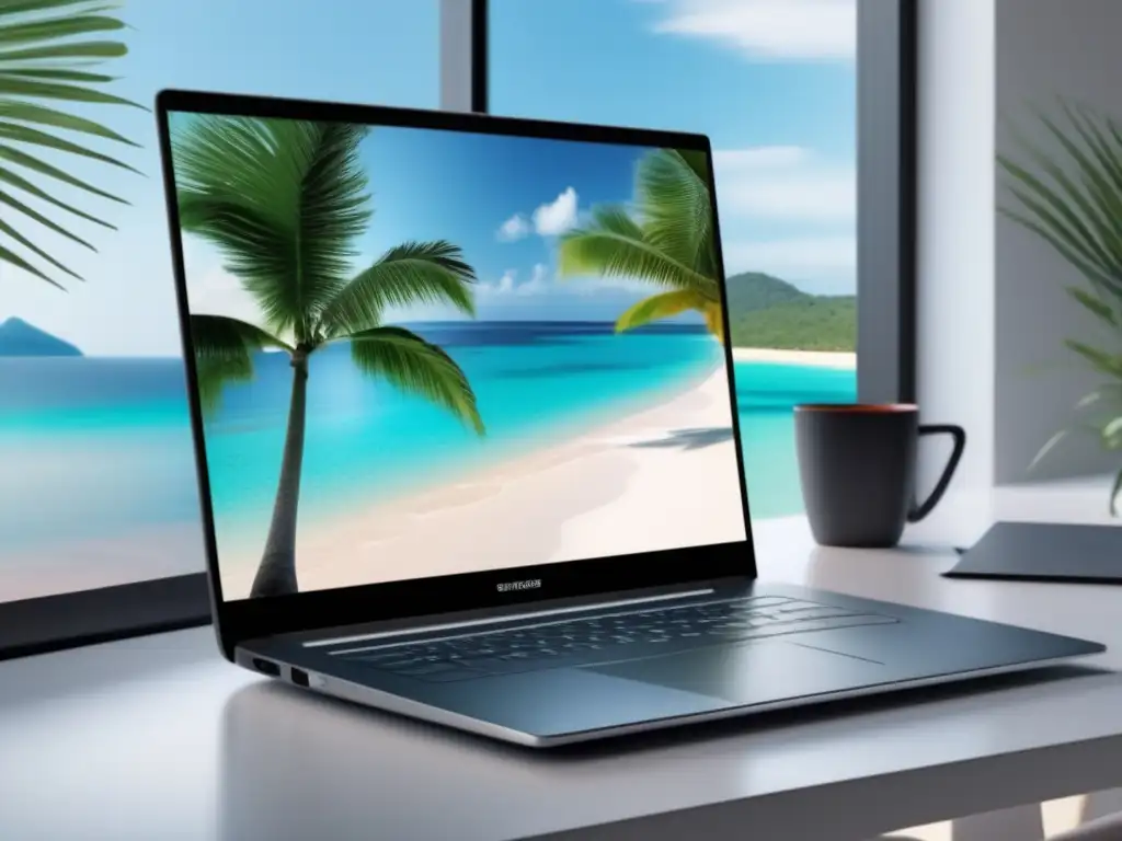 Laptop de lujo en escritorio blanco con vista a la playa Laptop moderno en escritorio blanco con vista a playa tropical, ingresos pasivos y éxito en marketing de afiliados