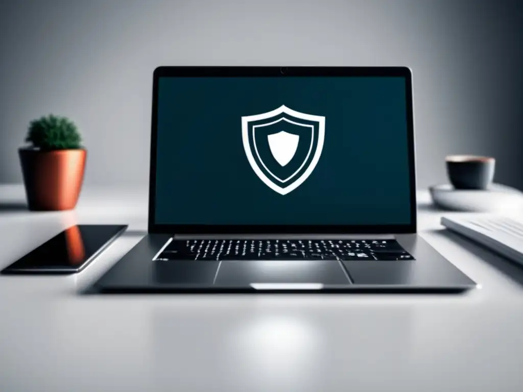 Protección de datos en marketing afiliado Laptop moderno, pantalla con escudo y tecla de candado: reglas legales del marketing de afiliados