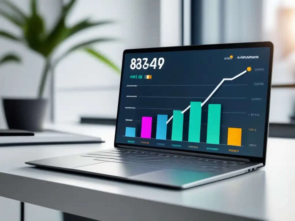 Laptop elegante en un espacio minimalista Laptop con pantalla mostrando gráfica de ganancias de marketing de afiliados