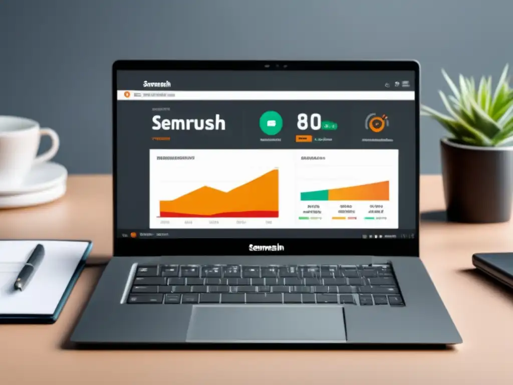Laptop moderno en escritorio minimalista Imagen de alta resolución: laptop moderno en escritorio minimalista, pantalla muestra el programa de afiliados de SemRush