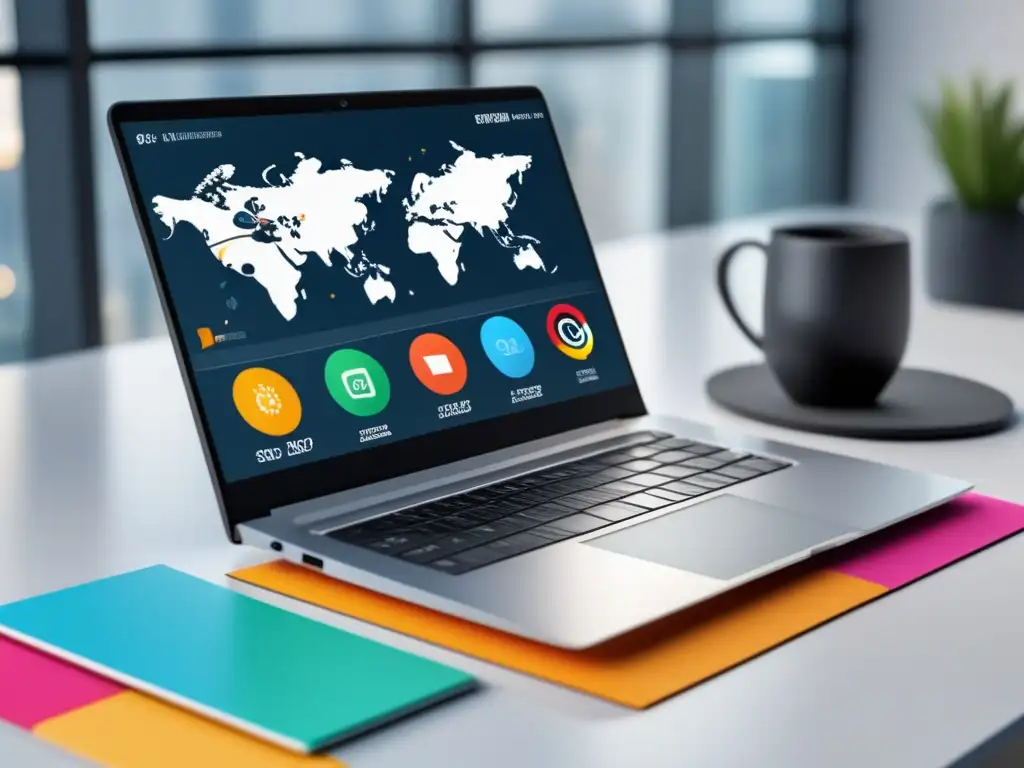 Laptop moderno con pantalla vibrante y SEO Laptop moderno con diseño minimalista, pantalla vibrante y técnicas de SEO para mejorar ingresos en marketing de afiliados