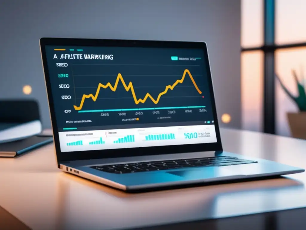 Laptop moderno en escritorio minimalista Laptop moderno en un escritorio minimalista con gráfico de ingresos de SEO y marketing de afiliados