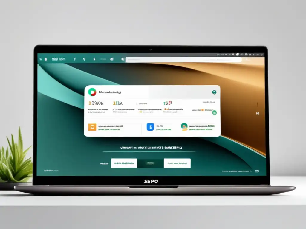 Laptop moderno con SERP de SEO y marketing de afiliados Laptop moderno con diseño minimalista muestra SERP con estrategias de SEO para marketing de afiliados