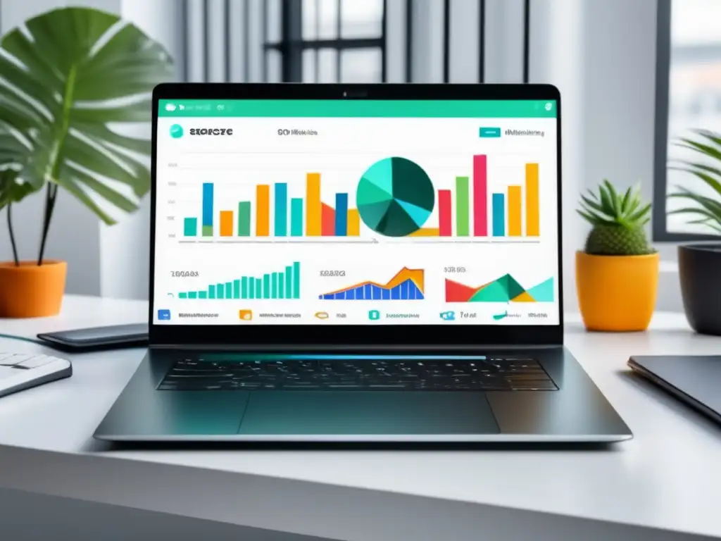 Laptop moderno en escritorio con gráfica de crecimiento y SEO Laptop moderno en un escritorio blanco con gráfica de crecimiento, iconos de SEO y decoración minimalista