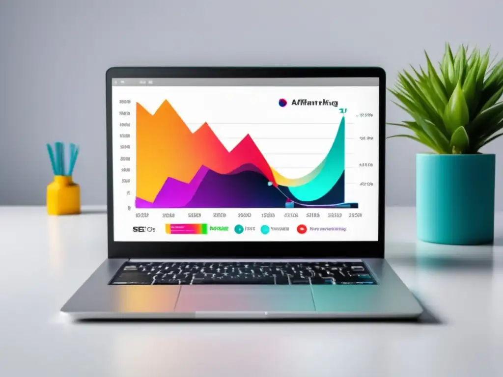 Laptop y gráfica de ganancias de marketing de afiliados Laptop minimalista en escritorio blanco con gráfica de ingresos del marketing de afiliados y estrategias de SEO