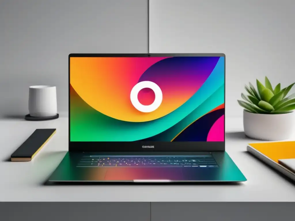 Laptop moderno con gráfico de aumento de visibilidad en motores de búsqueda Imagen: Laptop moderno con pantalla vibrante, estudio minimalista y gráfico de éxito en análisis de palabras clave