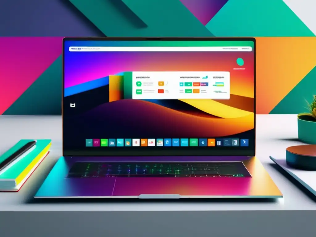 Laptop y herramienta SEO vibrantes Laptop moderno en un escritorio minimalista con herramientas SEO para marketing de afiliados