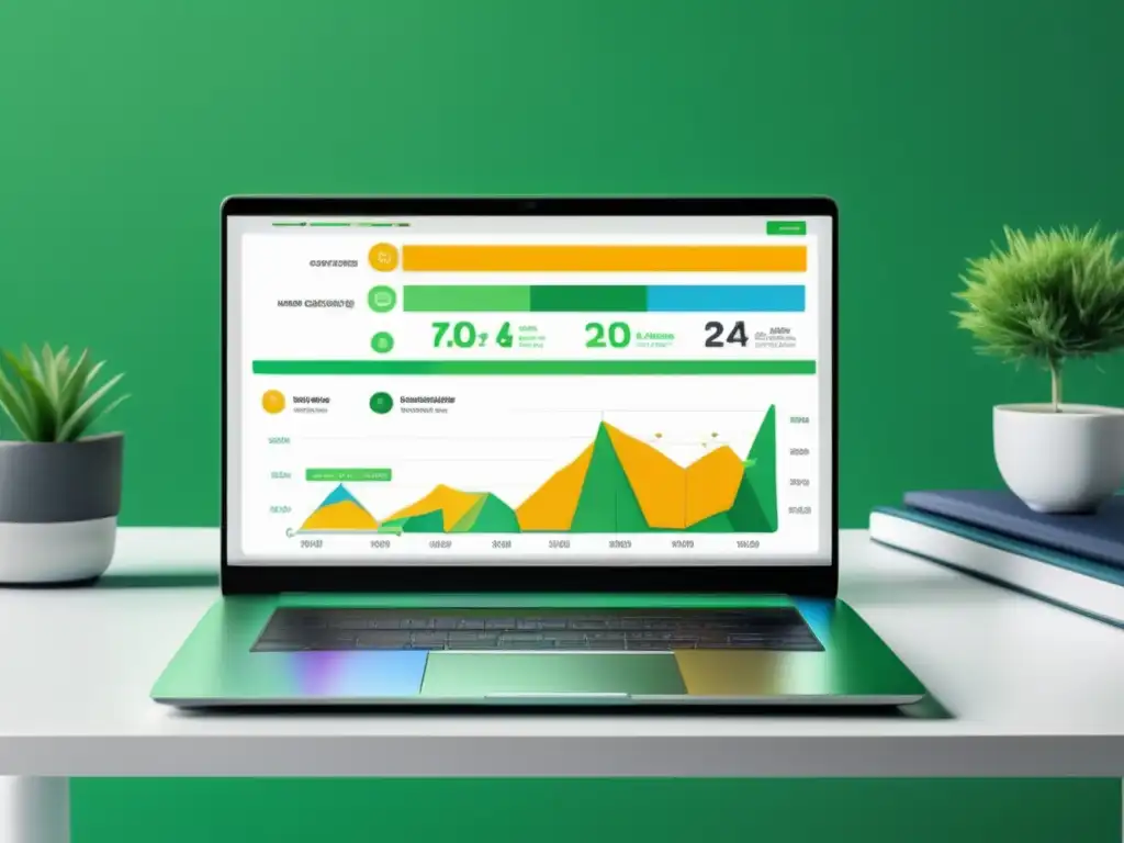Laptop moderno en escritorio blanco con herramientas de SEO para marketing de afiliados