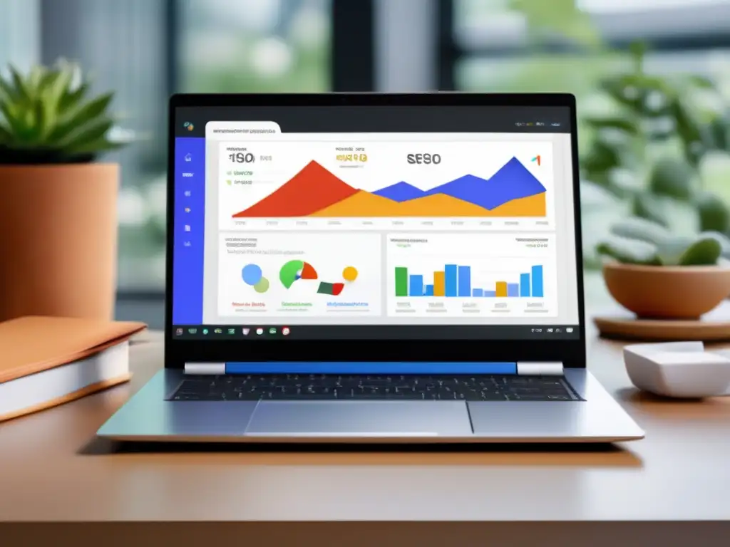 Moderna laptop muestra herramientas SEO y análisis Laptop moderno muestra herramientas de SEO y datos de marketing de afiliados