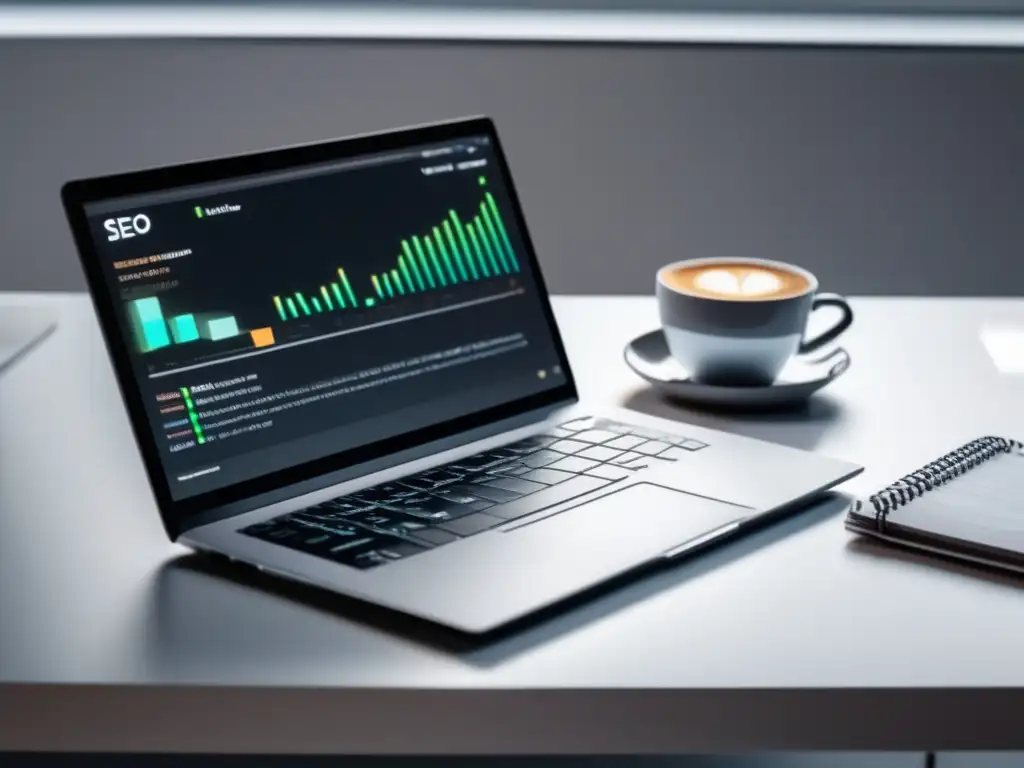 Laptop SEO y estadísticas Laptop minimalista en escritorio blanco con datos SEO y elementos de oficina organizados