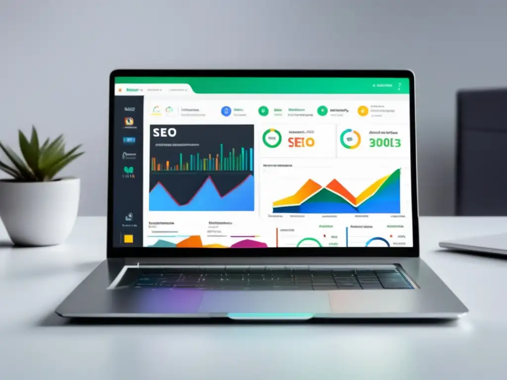 Laptop moderno en escritorio blanco con dashboard SEO Laptop moderno en escritorio blanco con herramientas SEO para marketing de afiliados