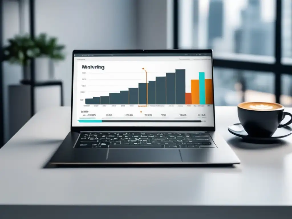 Laptop moderno en escritorio blanco Laptop moderno en escritorio blanco con gráfico de aumento de ingresos en marketing de afiliados