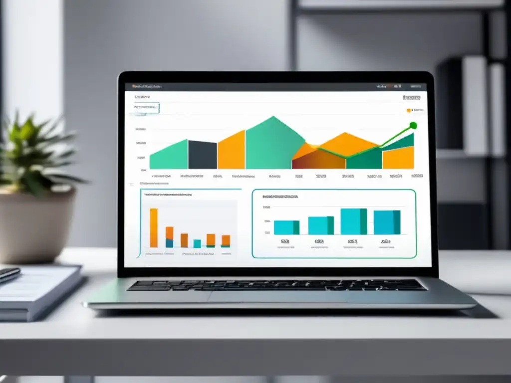 Laptop SEO: Dashboard minimalista Laptop moderno en escritorio blanco, dashboard SEO para marketing de afiliados, estrategias efectivas