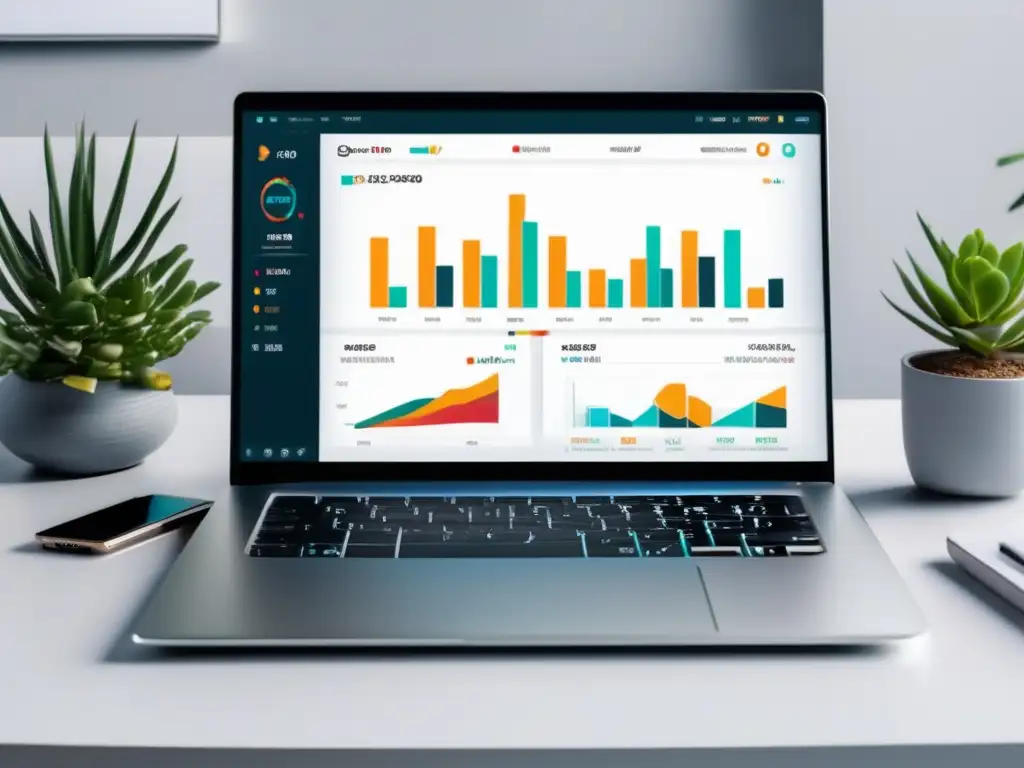 Laptop minimalista en escritorio blanco Laptop SEO: estrategias de SEO para marketing de afiliados