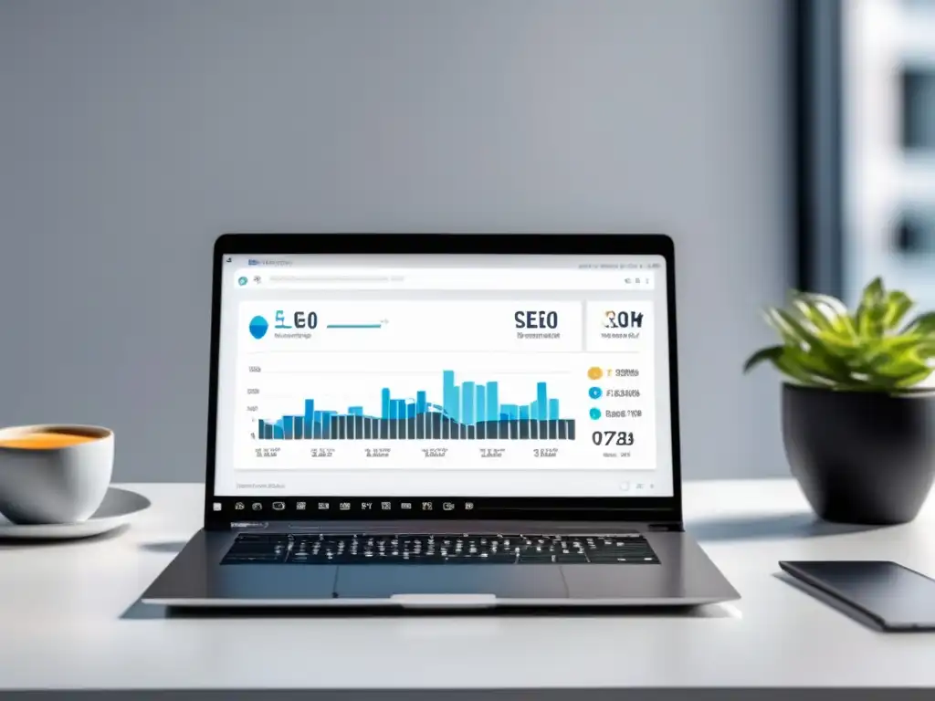 Laptop SEO Dashboard en 8k Laptop minimalista en escritorio blanco con dashboard SEO, clave: claves fundamentales SEO en el marketing de afiliados