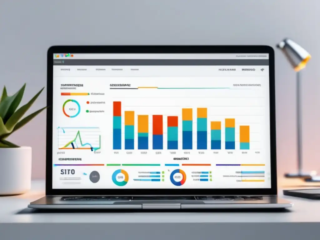 Laptop minimalista con gráfico SEO Laptop minimalista y moderno con gráfico detallado que muestra la importancia de la investigación de palabras clave para SEO en marketing de afiliados