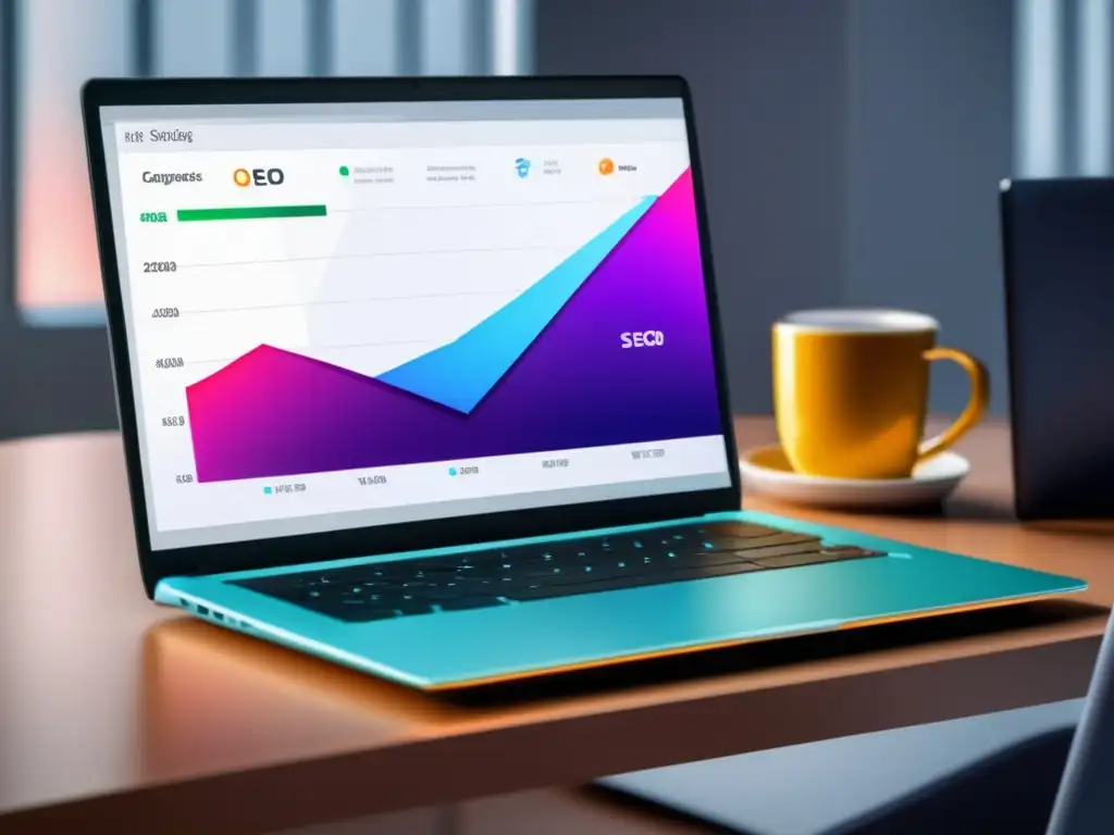 Laptop SEO éxito Laptop moderno en escritorio minimalista con gráfico de SEO para campañas de afiliados