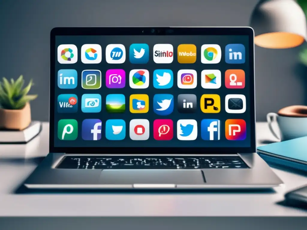 Laptop y escritorio minimalista con SEO y redes sociales Laptop moderno y profesional con estrategias SEO para marketing de afiliados