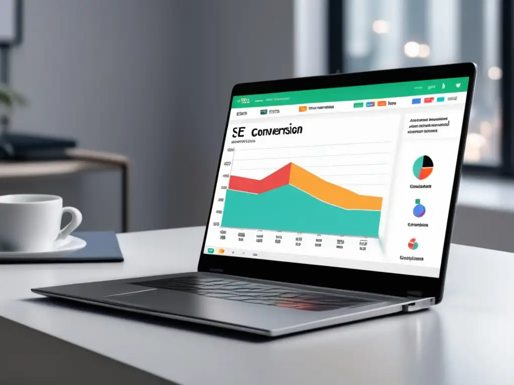 Laptop y herramienta de palabras clave Laptop moderno en escritorio blanco con notas sobre estrategias SEO y tasa de conversión en sitio afiliado