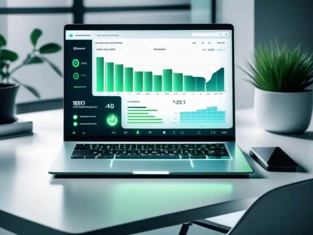 Laptop SEO exitoso Laptop moderno en escritorio blanco, con gráfica de éxito en SEO y teclado iluminado, ideal para técnicas de SEO en marketing de afiliados