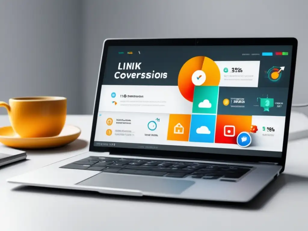Laptop minimalista en escritorio blanco con gráfico SEO Laptop minimalista con gráfico SEO, tráfico web y éxito en marketing de afiliados