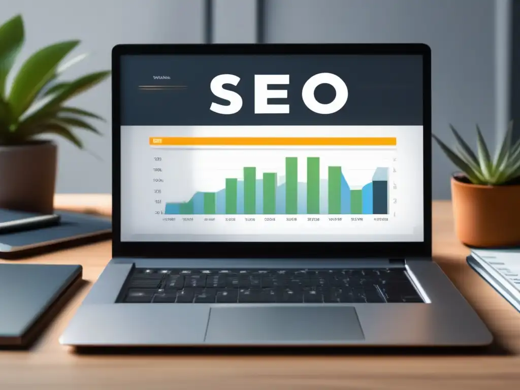 Laptop y escritorio profesional con SEO Estrategia SEO para campañas de afiliados: laptop, escritorio minimalista, gráfico de tráfico web, palabras clave, lupa y libros