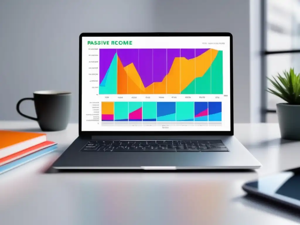 Laptop moderno con gráfico de crecimiento pasivo Laptop moderno en un escritorio blanco con gráfico atractivo de ingresos pasivos y estrategias SEO para marketing de afiliados