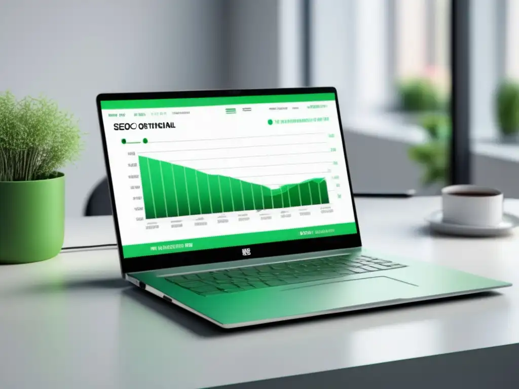 Laptop moderno y profesional con gráfico de crecimiento Laptop moderno en escritorio blanco con gráfica de crecimiento de ingresos de afiliado, técnicas de SEO para maximizar