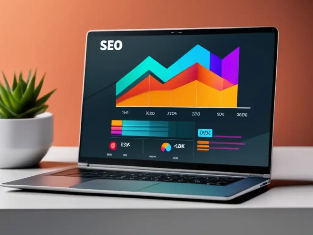 Laptop con gráfico SEO exitoso Laptop minimalista con gráfica SEO exitoso en marketing de afiliados