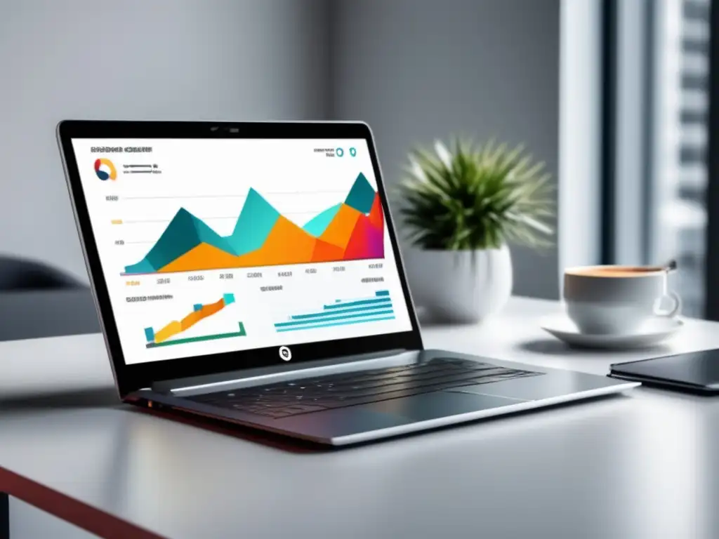 Laptop moderno en escritorio blanco Laptop moderno en un escritorio blanco con gráfico de crecimiento, estrategias de SEO para aumentar ingresos de afiliado