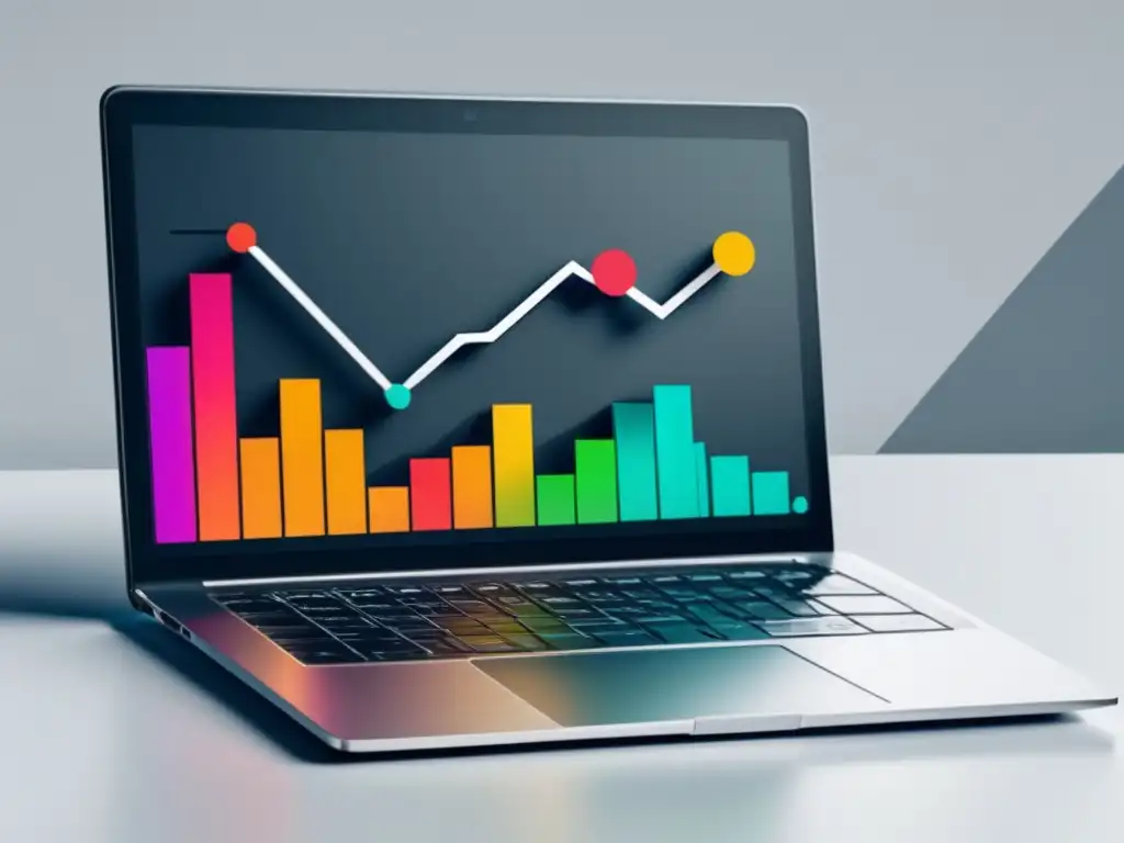 Laptop moderno con pantalla vibrante, gráfico de conversiones y estrategias de contenido SEO en marketing de afiliados