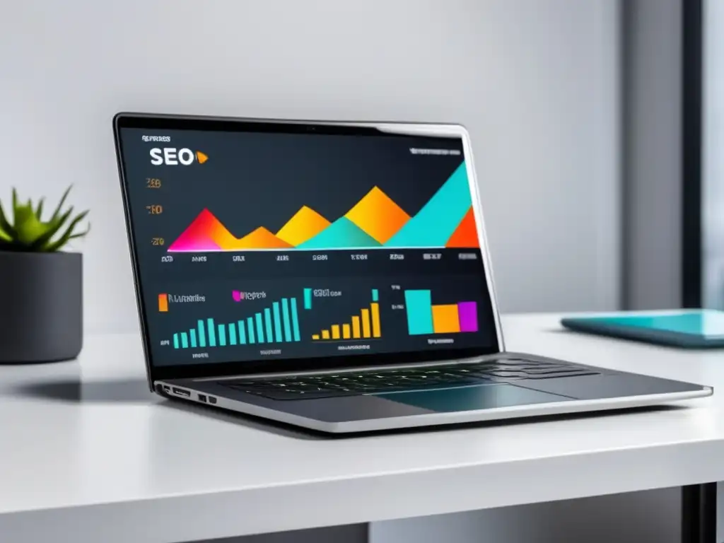 Laptop minimalista con gráfico SEO Laptop minimalista con gráfico de métricas de SEO para marketers de afiliados