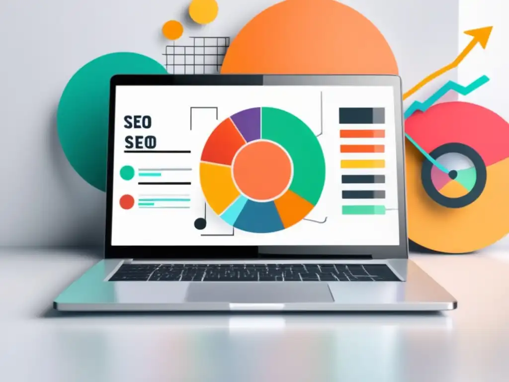 Laptop SEO: Aumento ingresos - Laptop minimalista en escritorio blanco con gráfico de ingresos de afiliados y estrategias SEO - SEO y marketing de afiliados