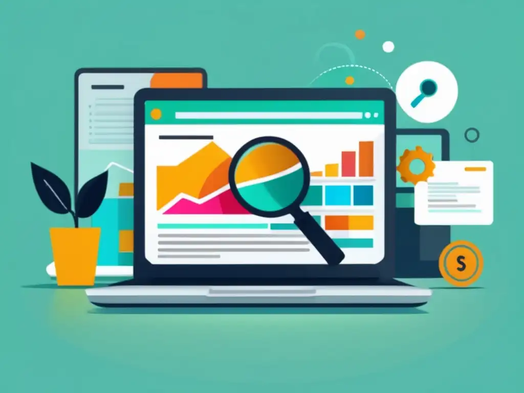 Laptop con datos de búsqueda de palabras clave Laptop con teclado y lupa: investigación de palabras clave efectiva para SEO en marketing de afiliados
