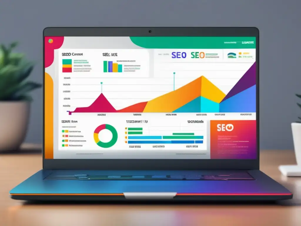 Infografía SEO vibrante en laptop Laptop moderno con infografía de SEO para afiliados