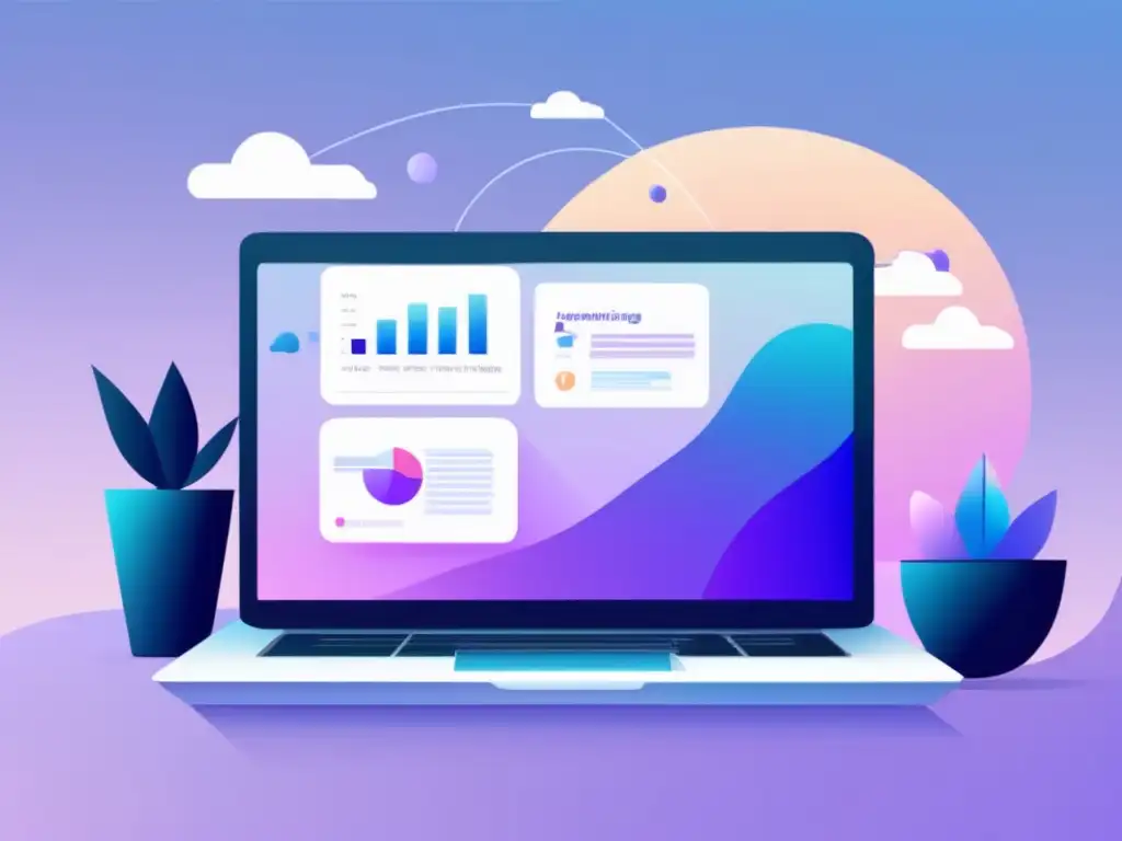 Paisaje digital de marketing Ilustración minimalista y moderna del paisaje del marketing digital con laptop, dashboard y herramientas de optimización